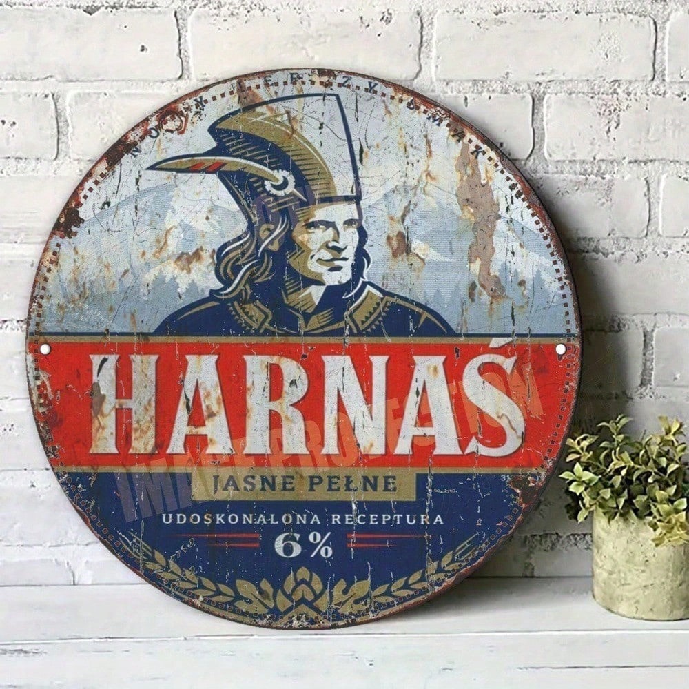 Round Metal Wall Sign, Vintage Distressed Beer Label Art Plaque for Bar, Kitchen, and Man Cave Decor