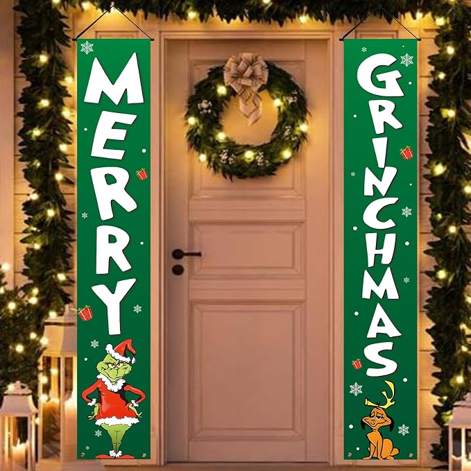 Christmas Porch Banner Set, 2 Green and White Outdoor Door Signs, 71 x 13 Inch Holiday Yard Decorations