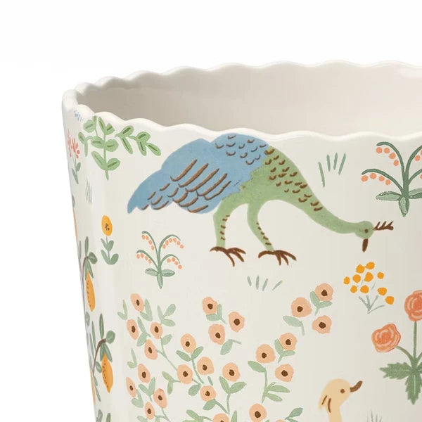 Ceramic Indoor Planter Pot, Glazed Multicolor Floral Design With Scalloped Rim, Round, 6.02" Width