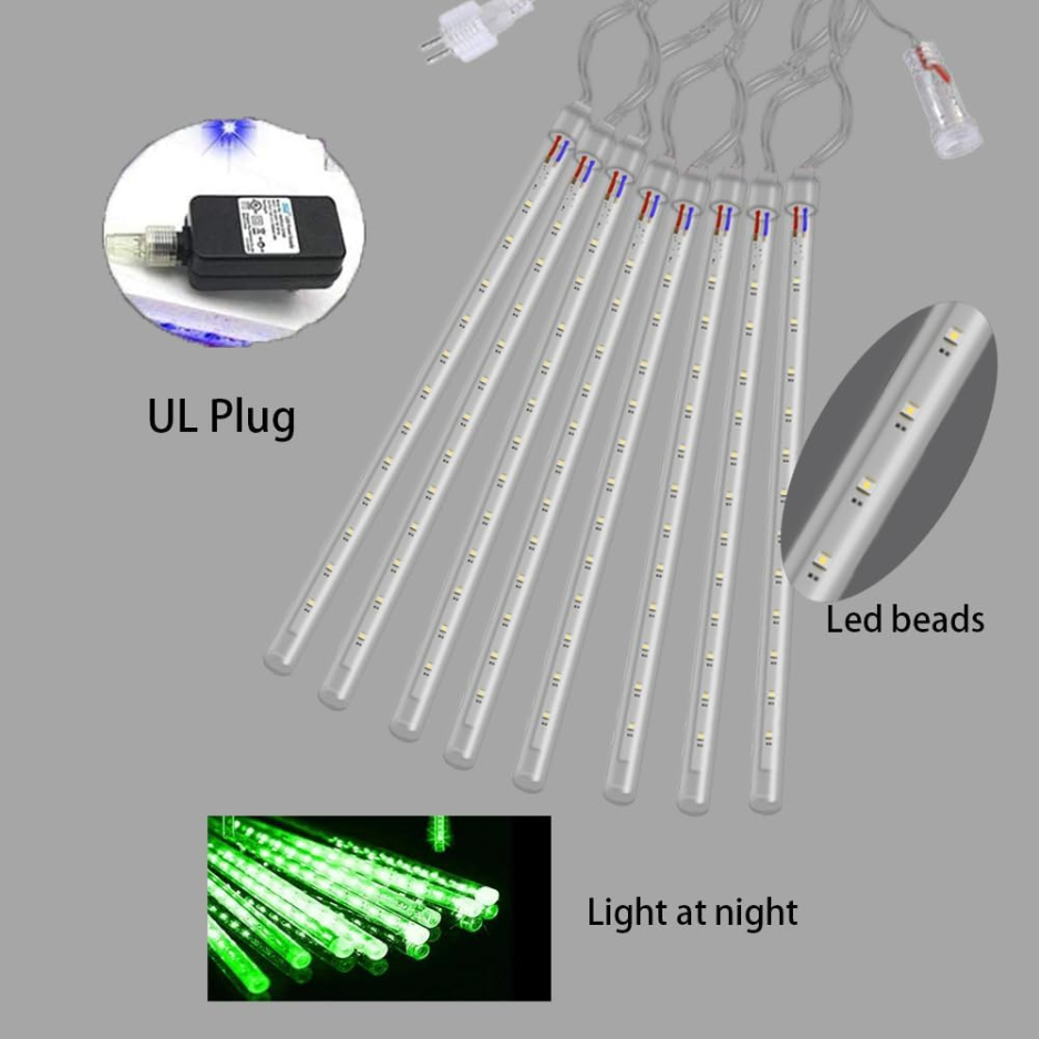 Meteor Shower Lights Outdoor, 8 Tube 192 LED Green Falling Rain Icicle String Lights for Christmas and Halloween, 12 in Tubes