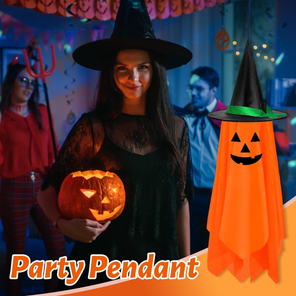 Hanging Pumpkin Witch Hat Halloween Decorations, Set of 2 Orange Jack-O'-Lantern Ornaments for Porch, Yard, Tree, and Party