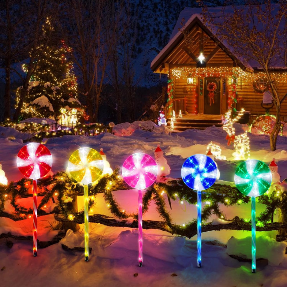 Solar Lollipop Pathway Lights, 5 Pack Outdoor Christmas Candy Cane Stakes With 8 Lighting Modes, Multicolor Walkway Decor