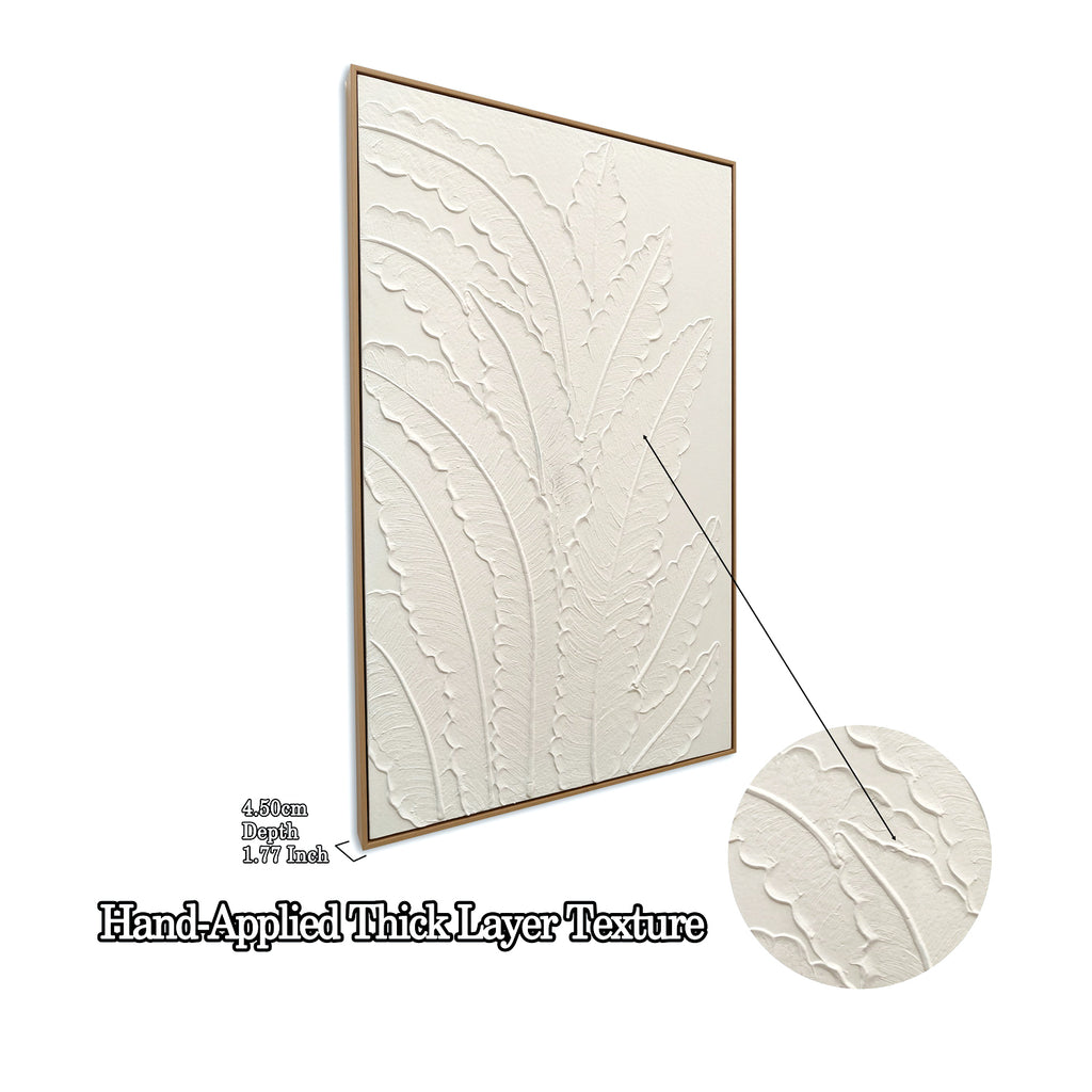 Framed Botanical Leaf Wall Art, 25 x 37 in Antique White Textured Canvas Painting, Minimalist Neutral Decor, Ready to Hang