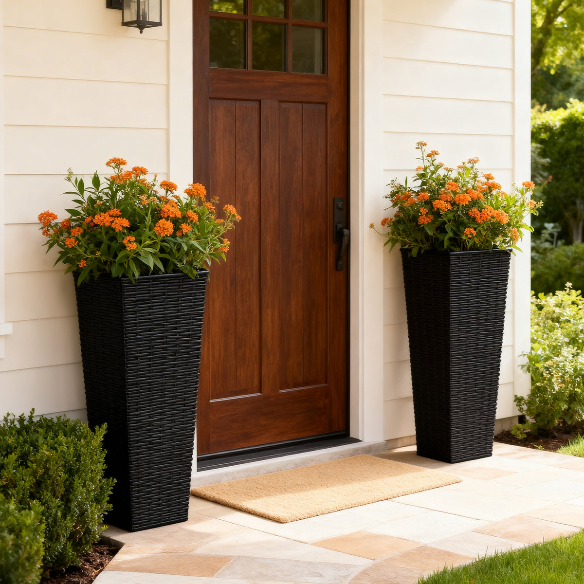 Tall Planters Set of 2, 32 Inch Black Resin Rattan Texture Outdoor Plant Pots with Removable Inner Pots and Drainage Holes