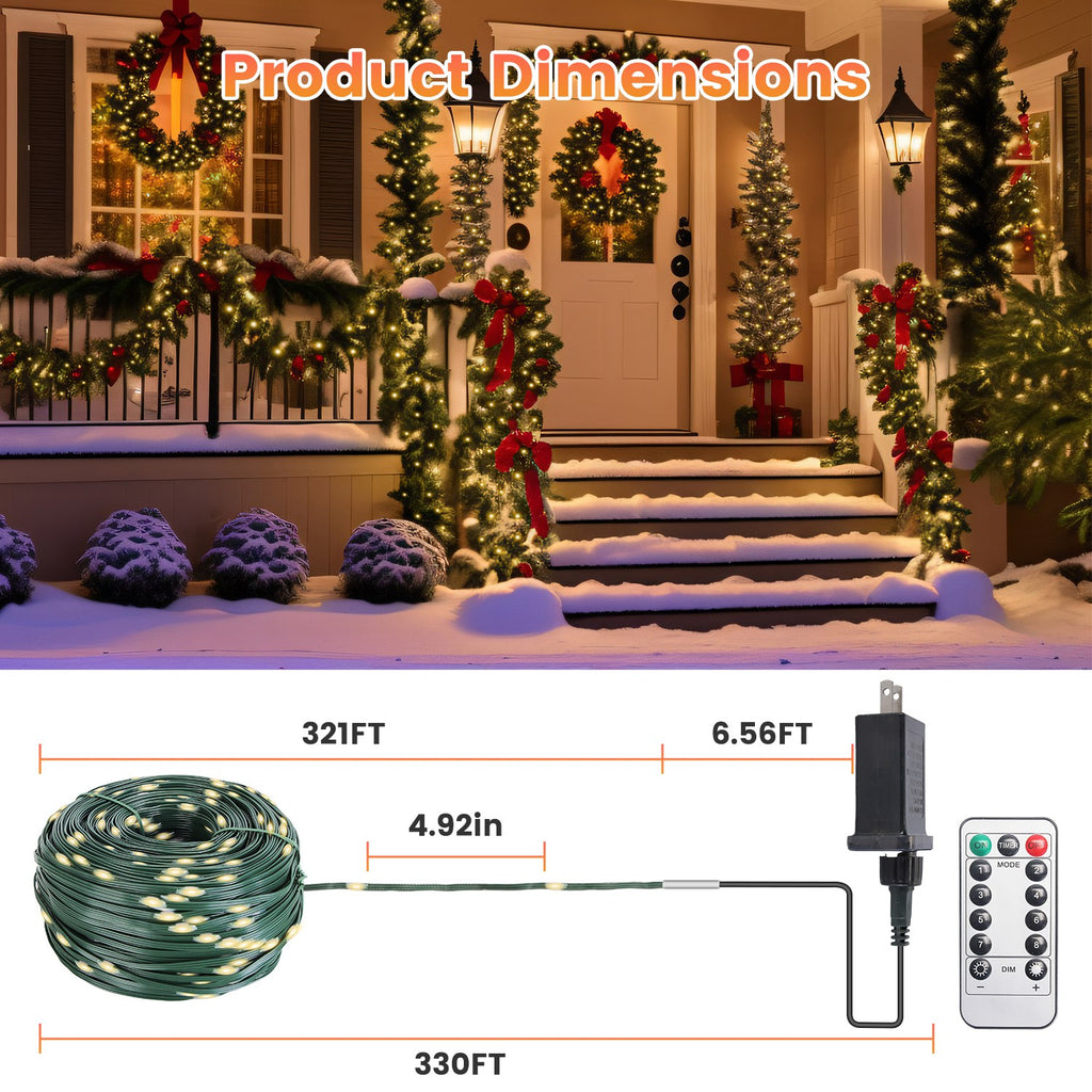 330 Ft String Lights with Remote, 1000 LED Outdoor Christmas Lights, 8 Modes, 8 Brightness Levels, Timer, Green Wire