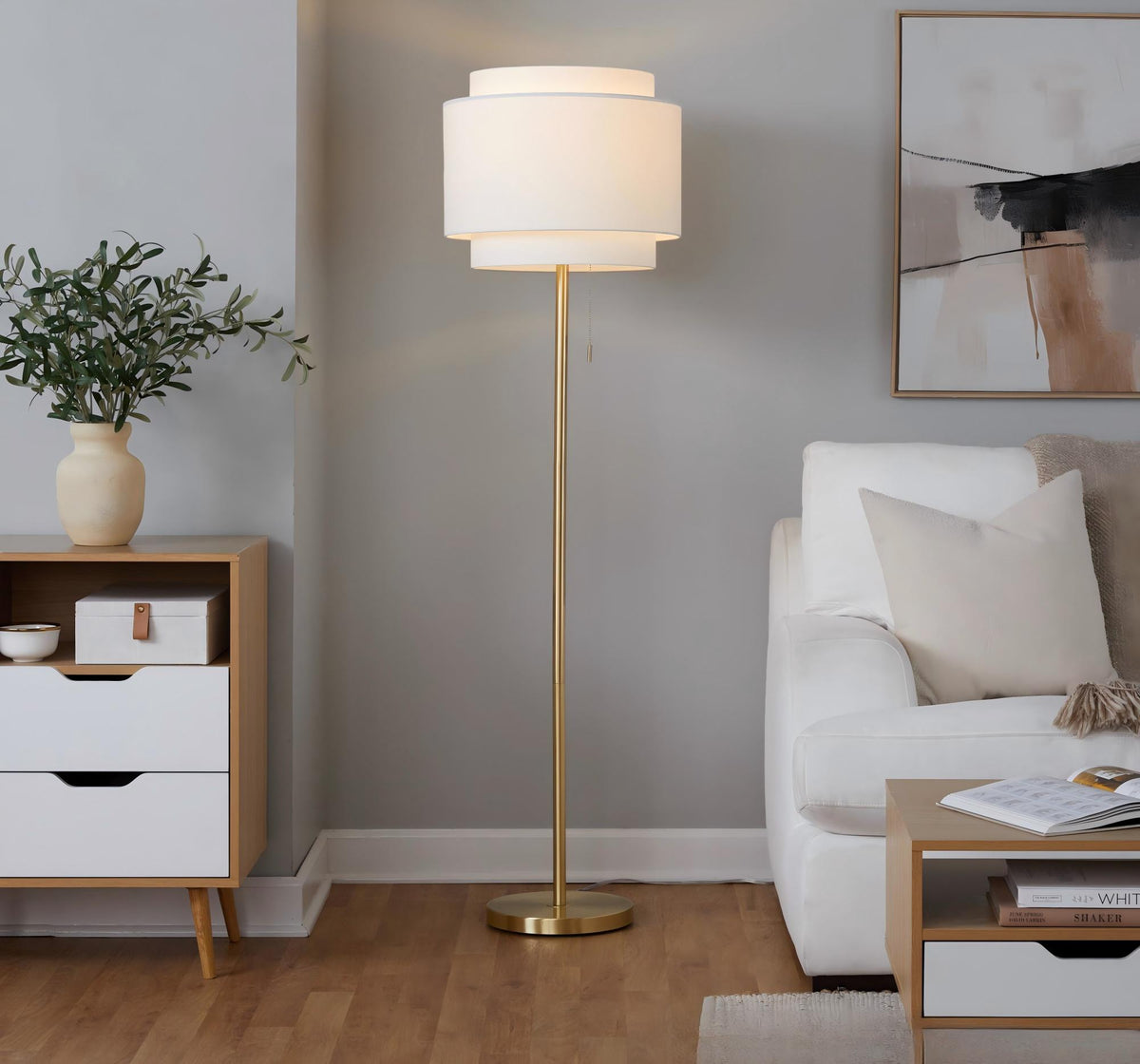 Gold Metal Floor Lamp With Tiered Off-White Linen Shade, 63.5 Inch Contemporary Standing Lamp