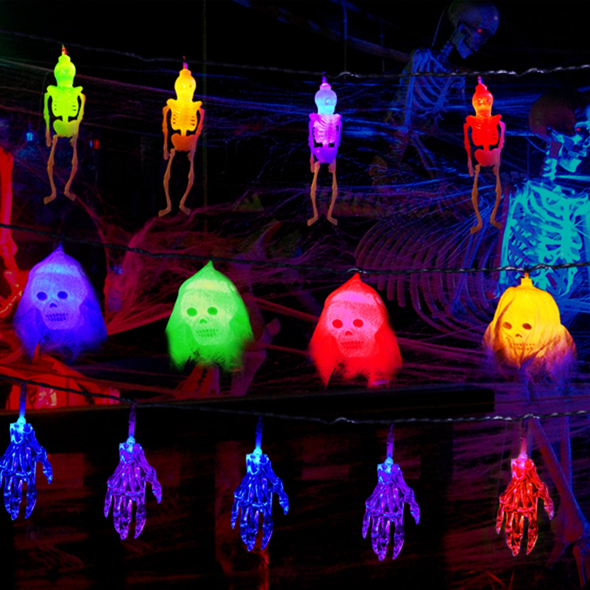 Halloween String Lights Set of 3, 50 LED 24 ft Skeleton, Skull and Spooky Hand Lights, Battery Operated Indoor Outdoor Decor