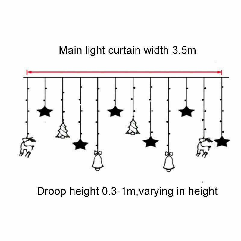 LED Christmas Curtain String Lights, Star Bell Tree and Reindeer Window Fairy Lights, Battery or USB Powered