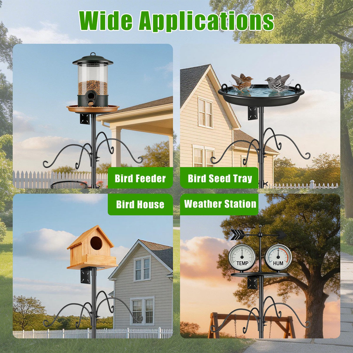 Bird Feeder Pole 94 Inch Squirrel Proof Bird Feeding Station, Black Iron Pole With 4 Shepherd Hooks, Water Bowl, Mesh Tray and 5-Prong Base