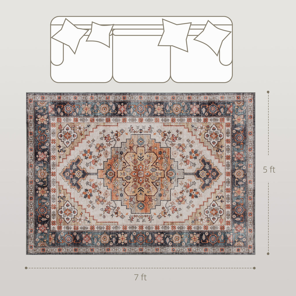 Washable Area Rug 5x7 Ft, Tawny Brown Boho Medallion Non-Slip Polyester Rug for Living Room and Bedroom