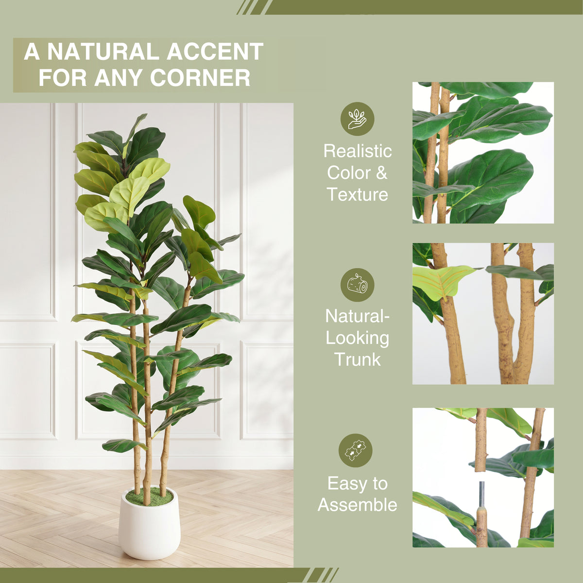 Artificial Fiddle Leaf Fig Tree 5.2 FT With White Pot, Faux Indoor Plant for Living Room, Office and Home Corner Decor