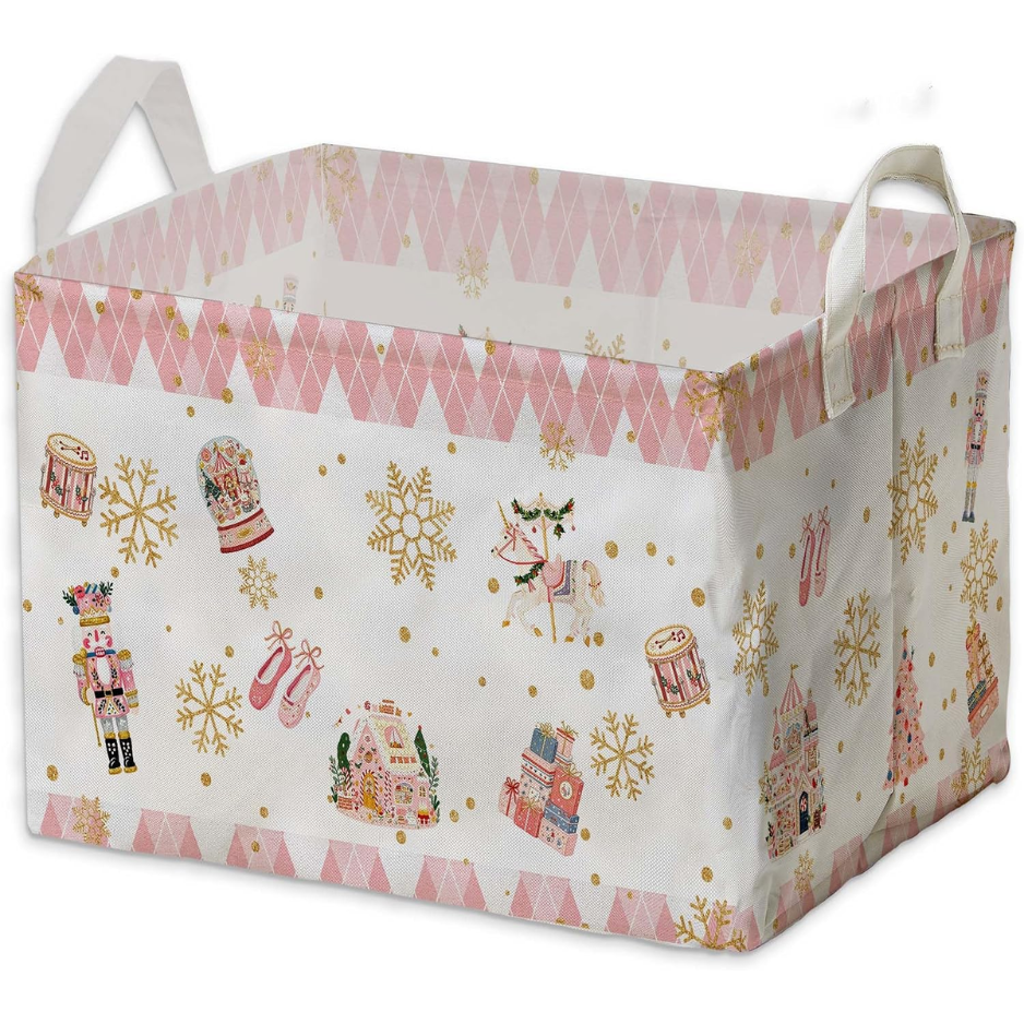 Christmas Nutcracker Storage Basket, Pink Foldable Fabric Bin With Handles, 15 x 10 x 8.6 In Large Square Laundry Hamper