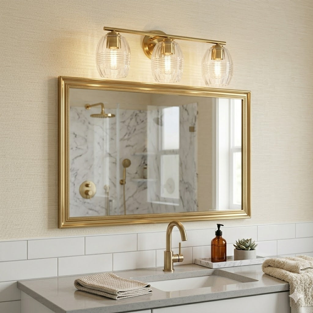 3-Light Bathroom Vanity Light, Satin Brass Wall Sconce With Clear Ribbed Glass Dome Shades, 22 in.