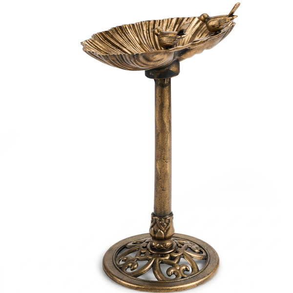 Antique Bronze Bird Bath With Solar Fountain, Resin Pedestal Birdbath With Shell Edge, 50x36x81 cm