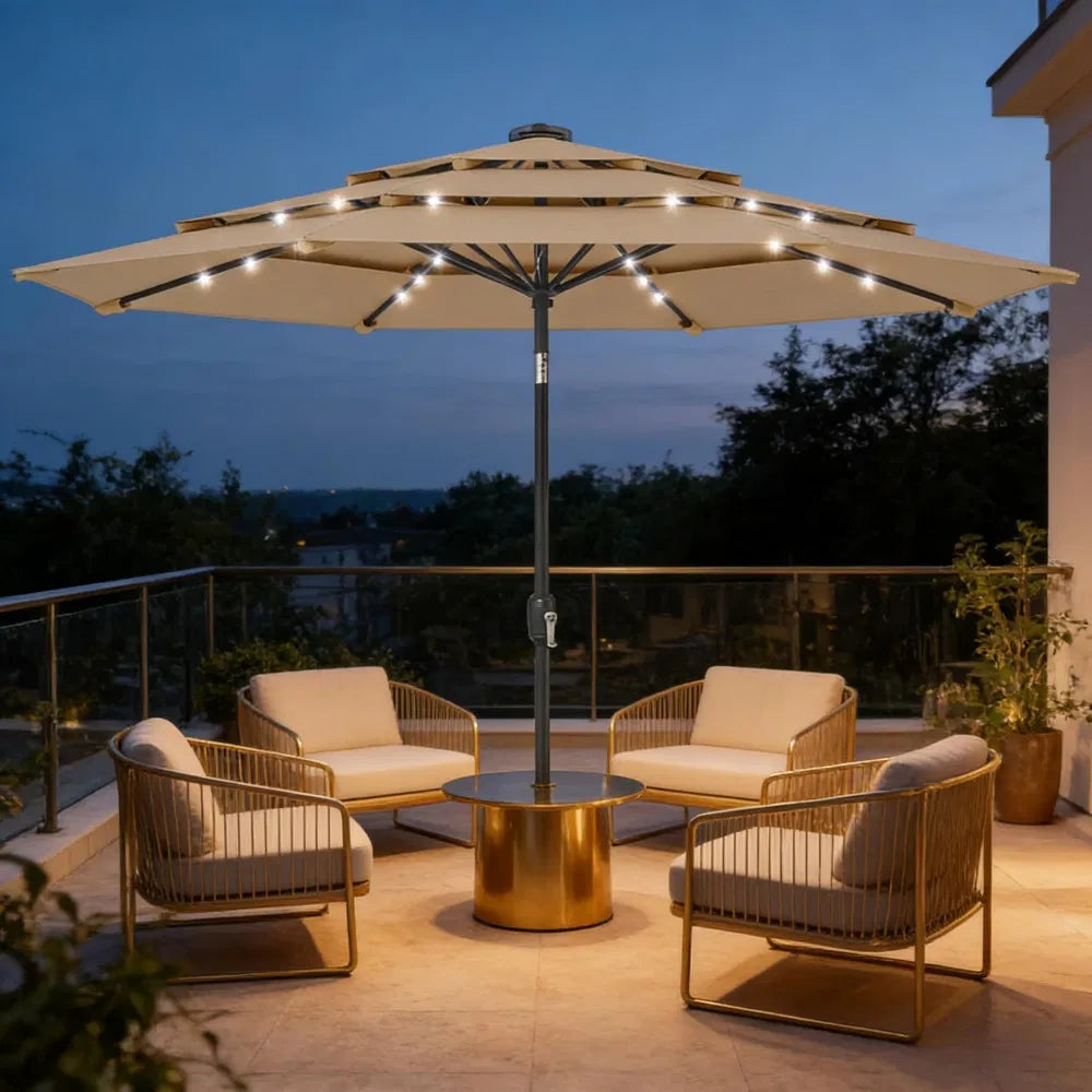 Patio umbrella with solar lights over a lounge set at dusk