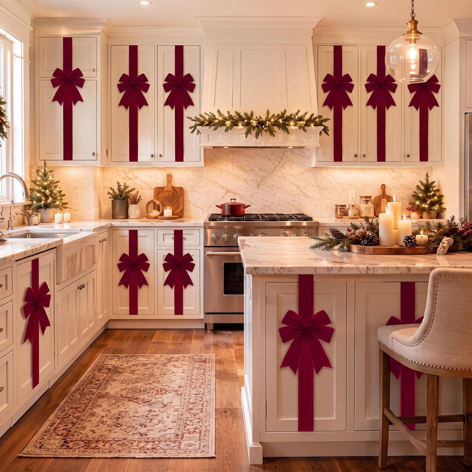 Burgundy Velvet Christmas Cabinet Bows, Set of 6 Large Door Bows With 78.7 Inch Ribbons for Kitchen and Holiday Decor