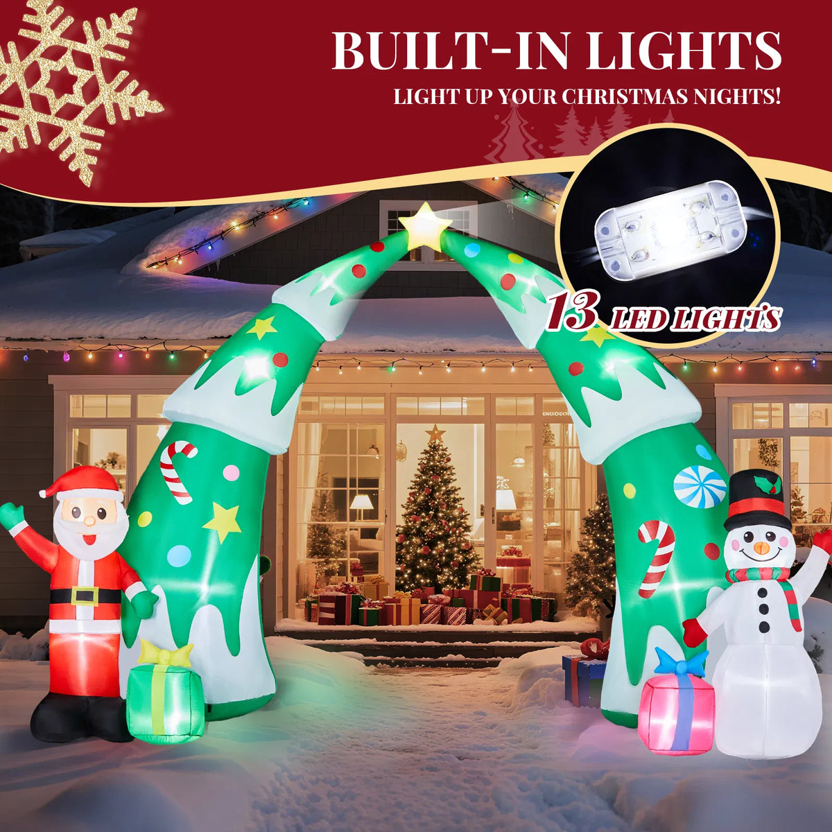 15 Ft Lighted Christmas Inflatable Archway With Santa and Snowman, Blow Up Christmas Tree Arch Yard Decoration