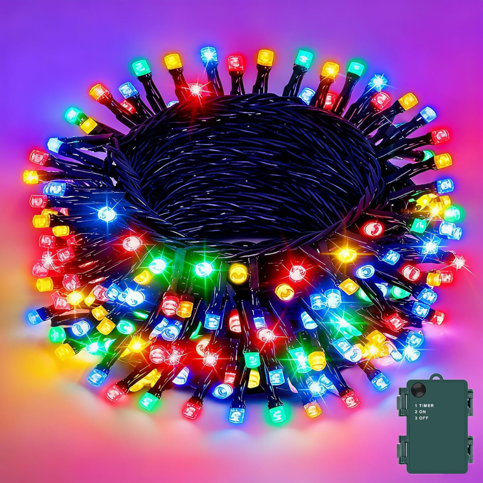 Battery Operated Christmas String Lights, 50 LED Multicolor Waterproof Fairy Lights With Timer, 16.4 ft Green Wire