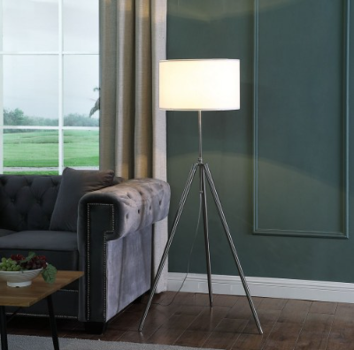 Adjustable Tripod Floor Lamp, 47-64 In Chrome Silver Metal With White Linen Drum Shade, Mid-Century Modern