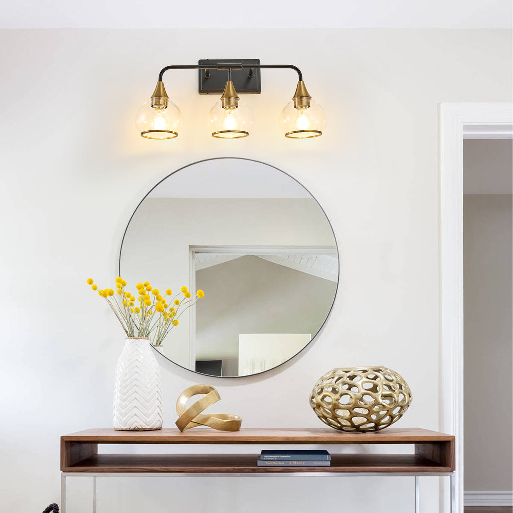 3-Light Bathroom Vanity Light, Black and Gold Wall Sconce With Clear Glass Shades, 23 in. Modern Industrial Fixture