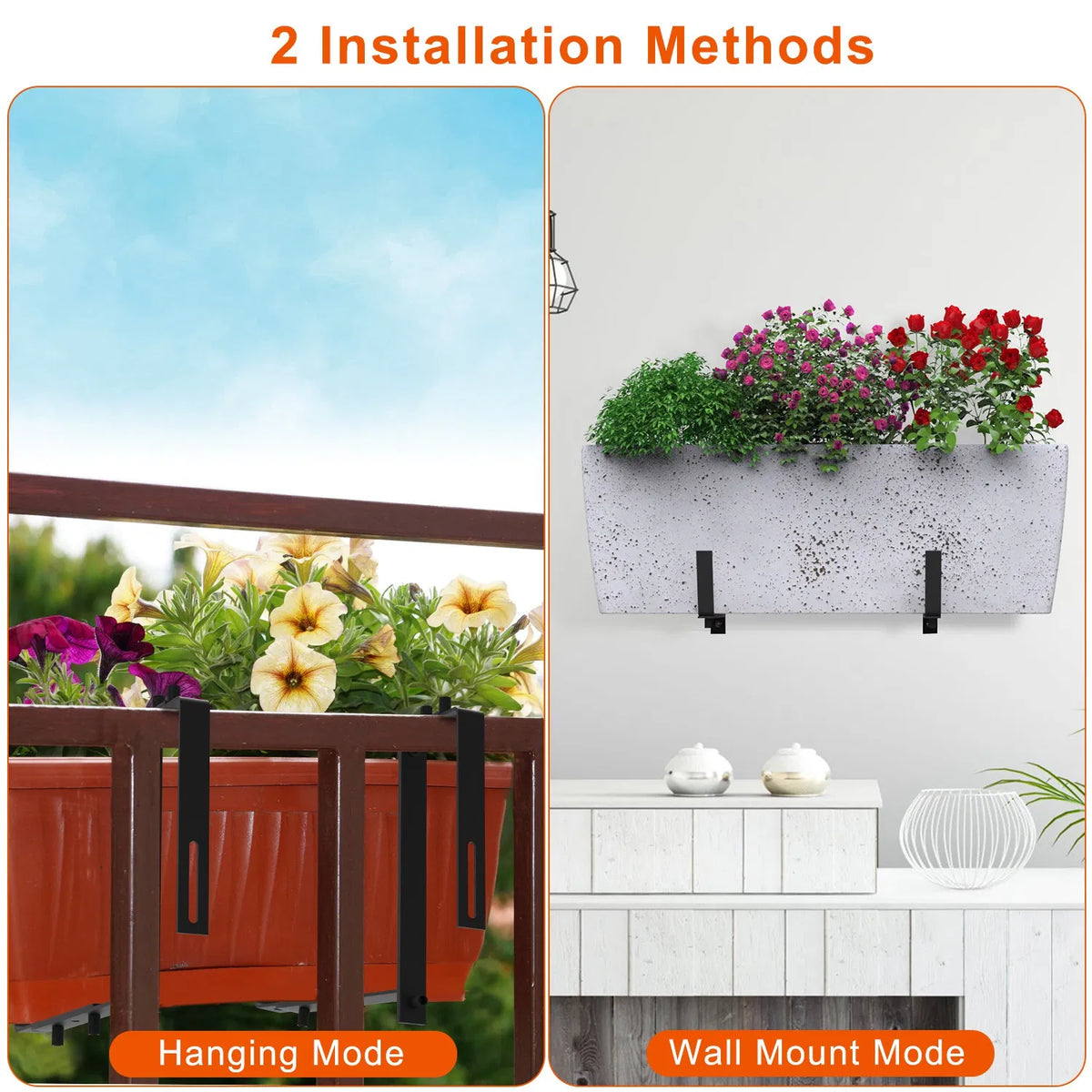 Adjustable Planter Box Brackets, Set of 4 Black Iron Railing Hangers for Window Boxes, Deck and Balcony Rails, Holds 45 lbs