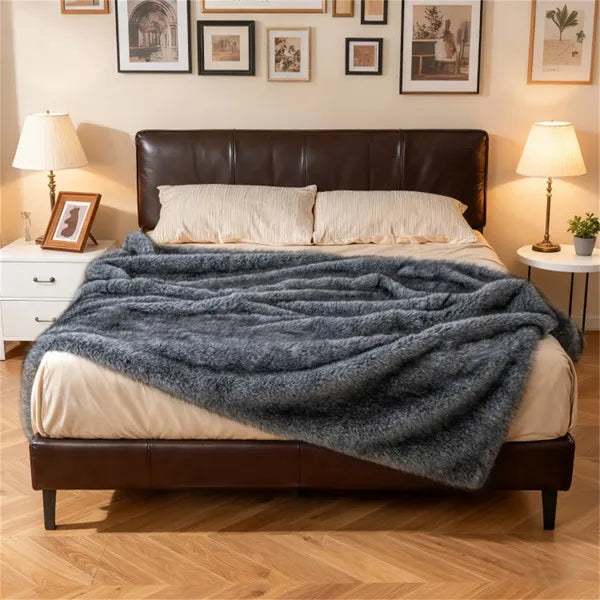 Faux Fur Throw Blanket, Gray Double-Sided Fleece Lined Twin Blanket, 60" x 80"