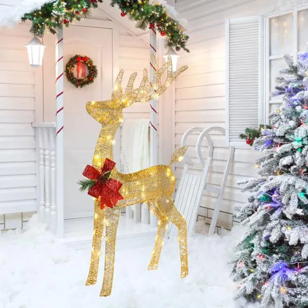 Lighted Christmas Reindeer Outdoor Decoration, 4 Ft Pre-Lit Gold Glitter Deer With 90 Warm White LED Lights, Stakes and Zip Ties