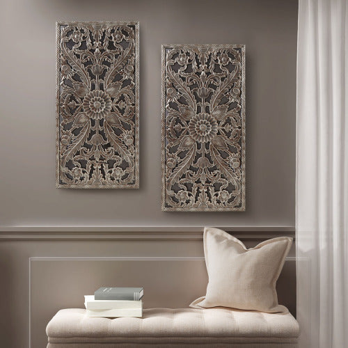 Distressed Carved Wood Wall Decor Set, 2 Piece Bronze Lotus Floral Panels, 15.75" x 31.5"