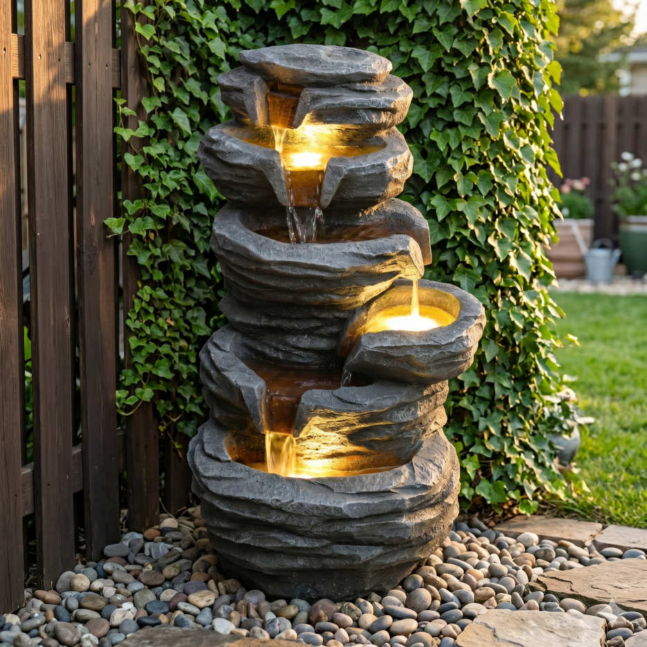 Outdoor Waterfall Fountain With LED Lights, Gray Resin Stacked Rock Cascading Water Feature, 25.6 In. Garden Decor for Patio and Porch