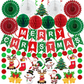 Christmas Party Decoration Set, 25 Pieces, Merry Christmas Banner With Paper Fans, Honeycomb Balls, Swirls and Dot Garland in Red, Green and White