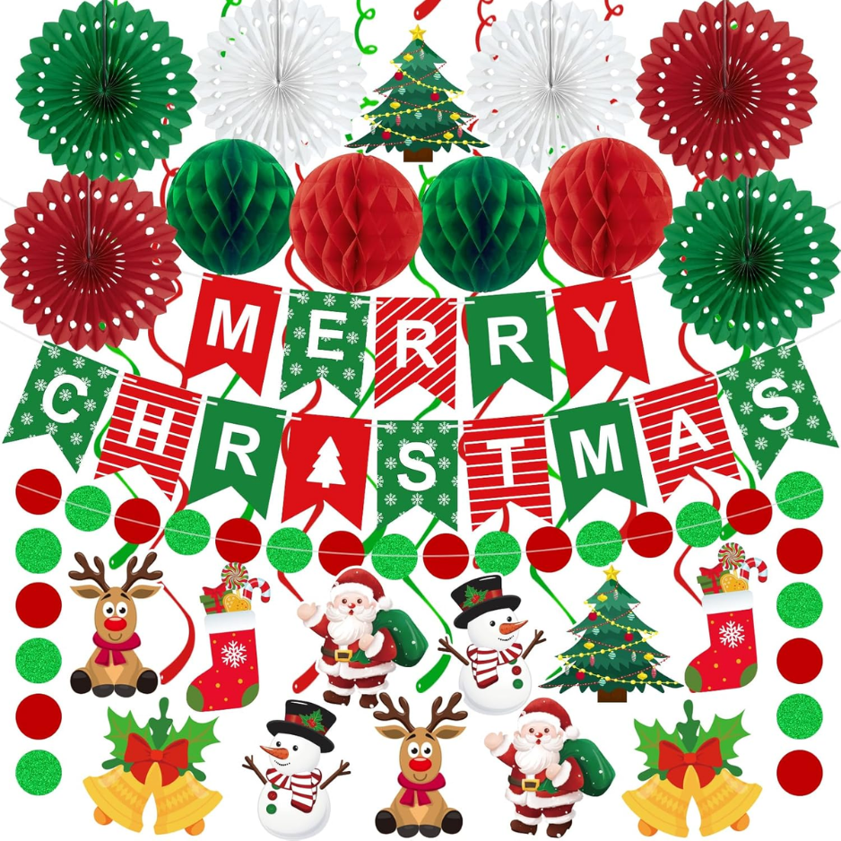 Christmas Party Decoration Set, 25 Pieces, Merry Christmas Banner With Paper Fans, Honeycomb Balls, Swirls and Dot Garland in Red, Green and White