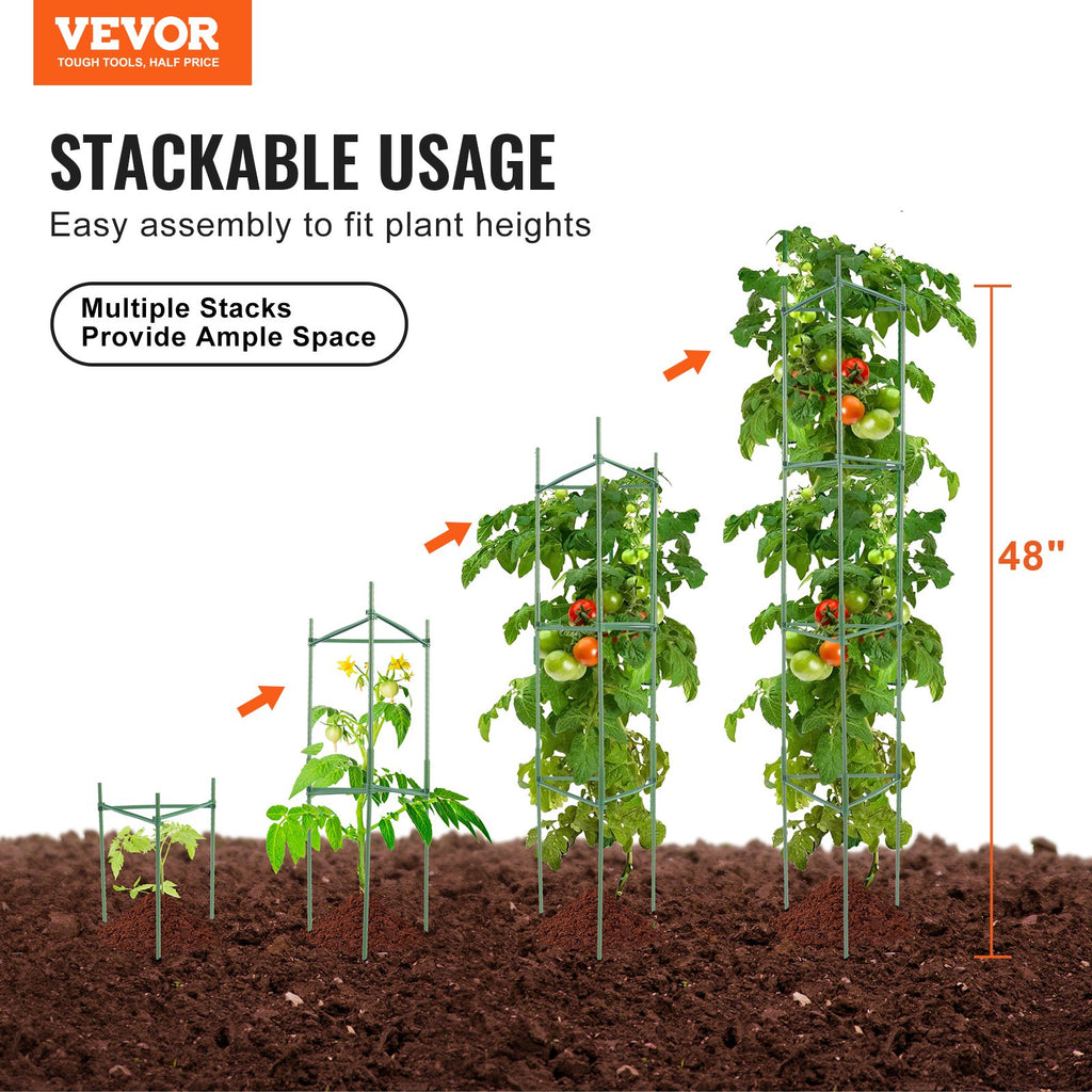 Tomato Cages for Garden, 6 Pack 48 Inch Stackable Plant Support Trellis, Green Metal Stakes for Vegetables and Climbing Flowers