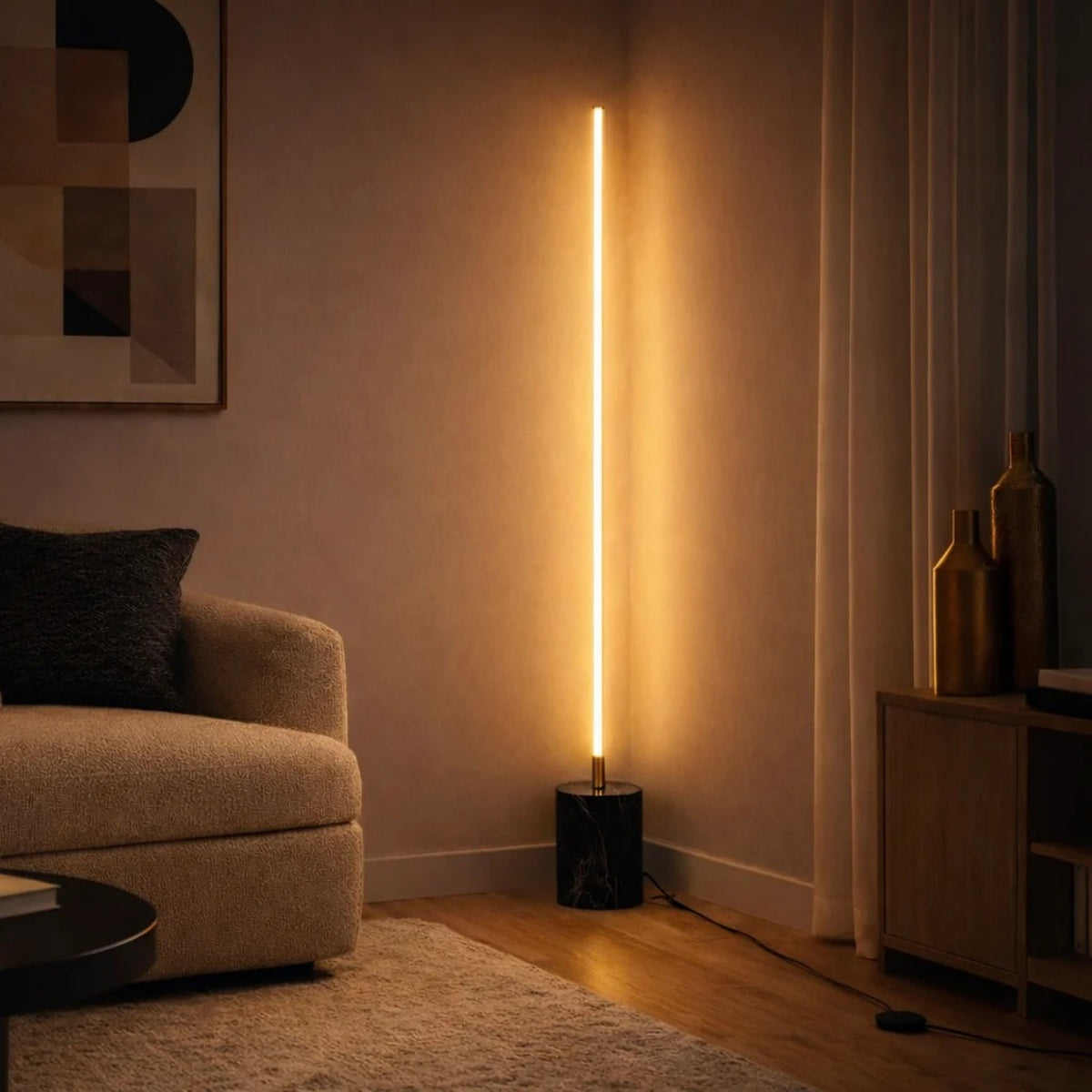Modern LED Floor Lamp, 64 in. Brass Gold Tube With Faux Marble Base and Cord Switch