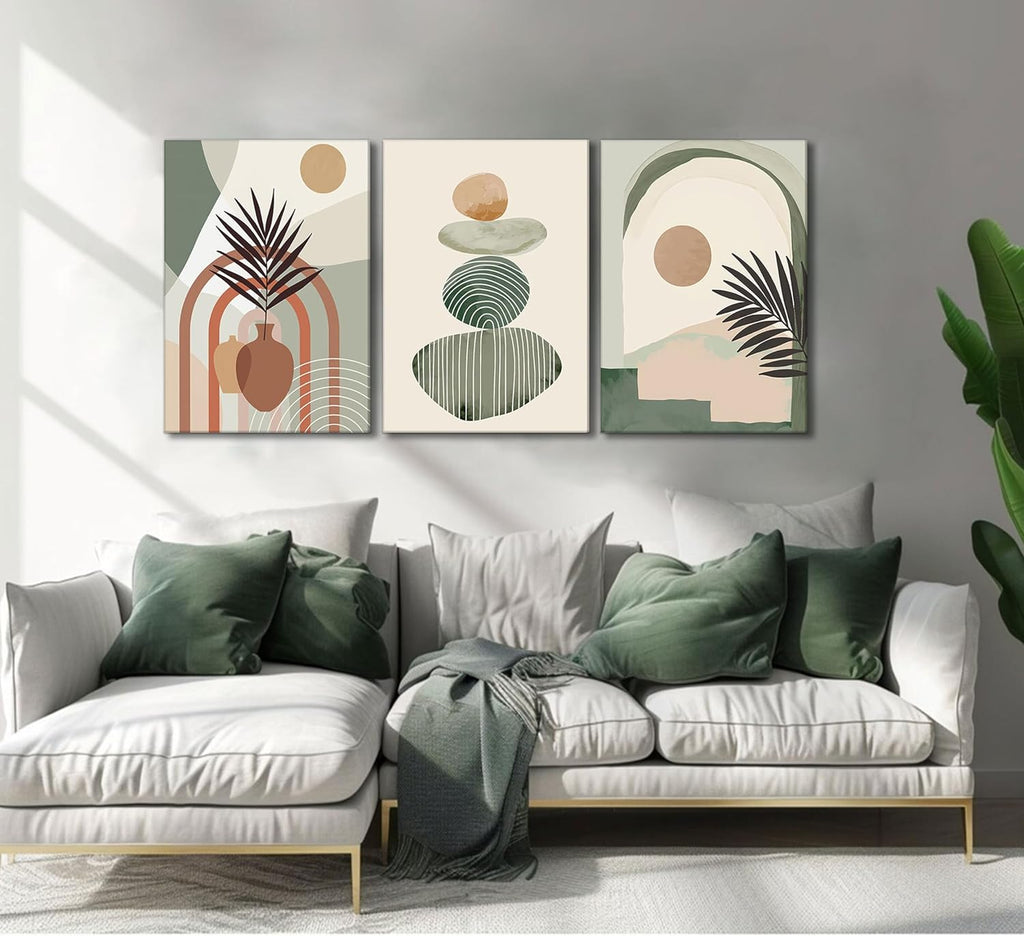 Boho Abstract Canvas Wall Art Set of 3, Framed Sage Green Botanical Prints, 12 x 16 in, Ready to Hang