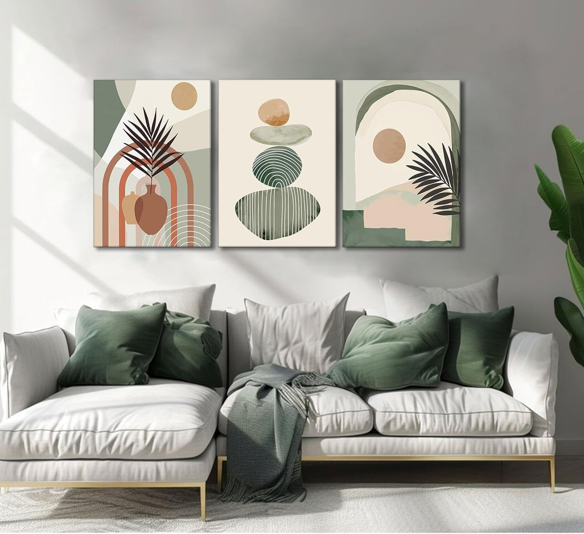Boho Abstract Canvas Wall Art Set of 3, Framed Sage Green Botanical Prints, 12 x 16 in, Ready to Hang