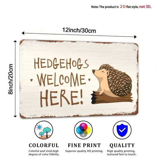 Hedgehog Welcome Here Metal Tin Sign, Distressed Garden Wall Decor for Porch, Fence or Yard