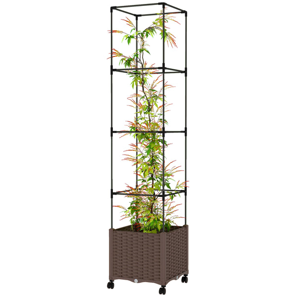 Raised Garden Bed With Adjustable Trellis, Brown Planter Box on Lockable Wheels With Self-Watering Tank