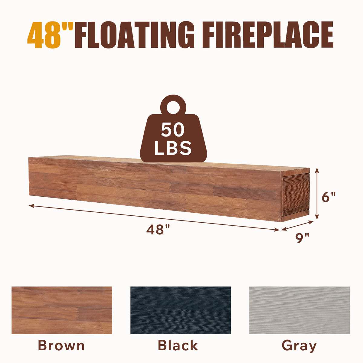 48 Inch Rustic Solid Wood Fireplace Mantel Shelf, Wall-Mounted Floating Shelf in Light Brown