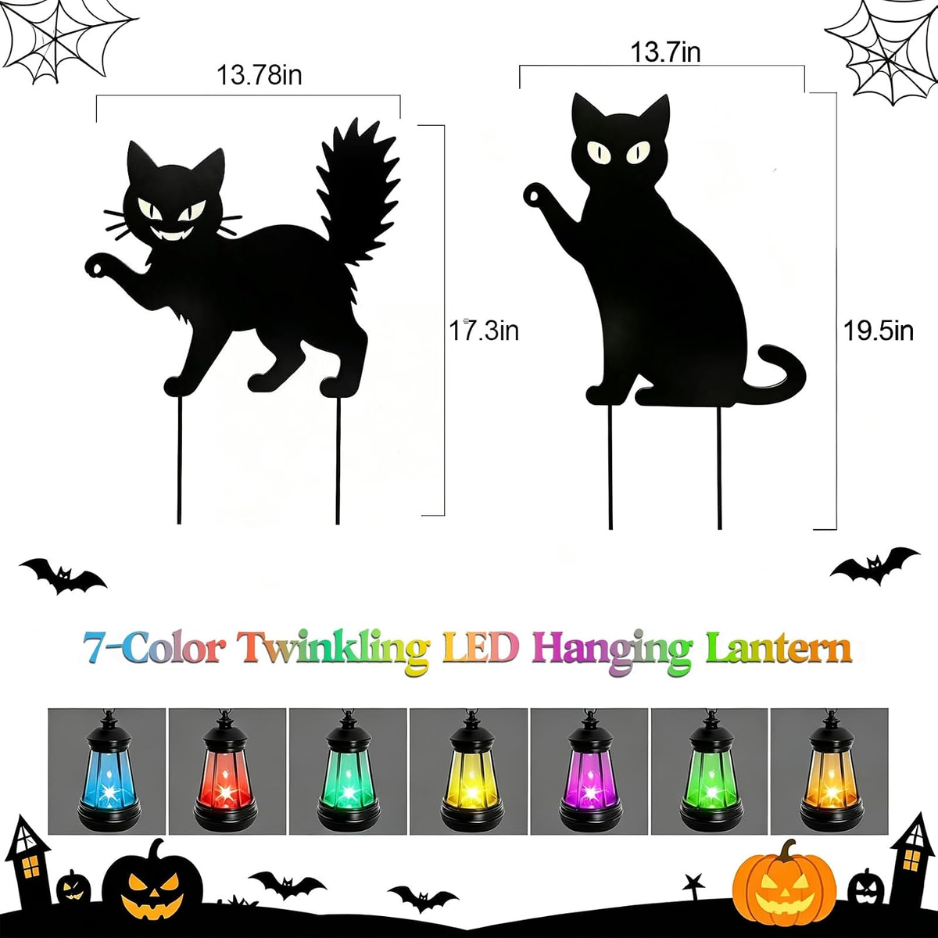 Halloween Black Cat Yard Signs With Hanging LED Lanterns, 2 Piece Metal Garden Stake Set, Glow in the Dark Eyes