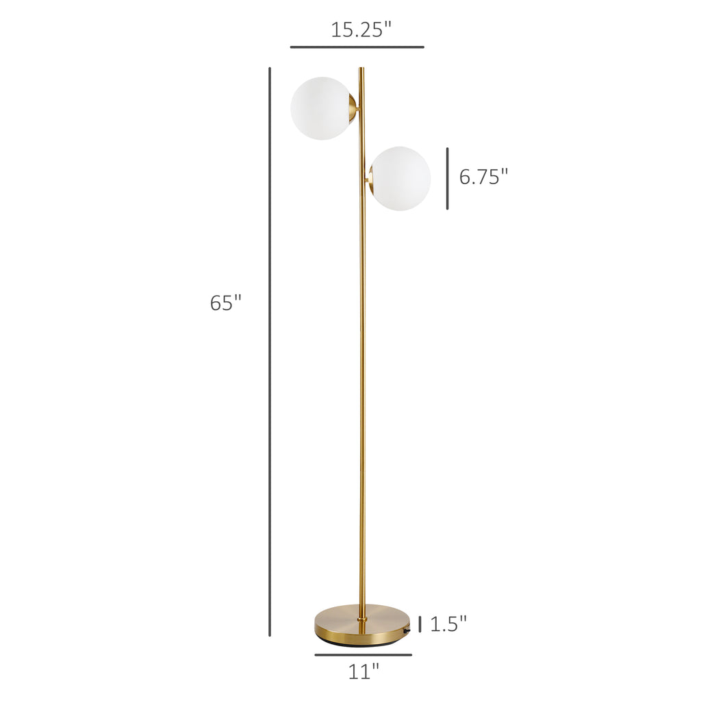 Modern Floor Lamp With 2 White Glass Globe Shades, Gold Metal Body, 65" Tall Standing Light for Living Room and Bedroom