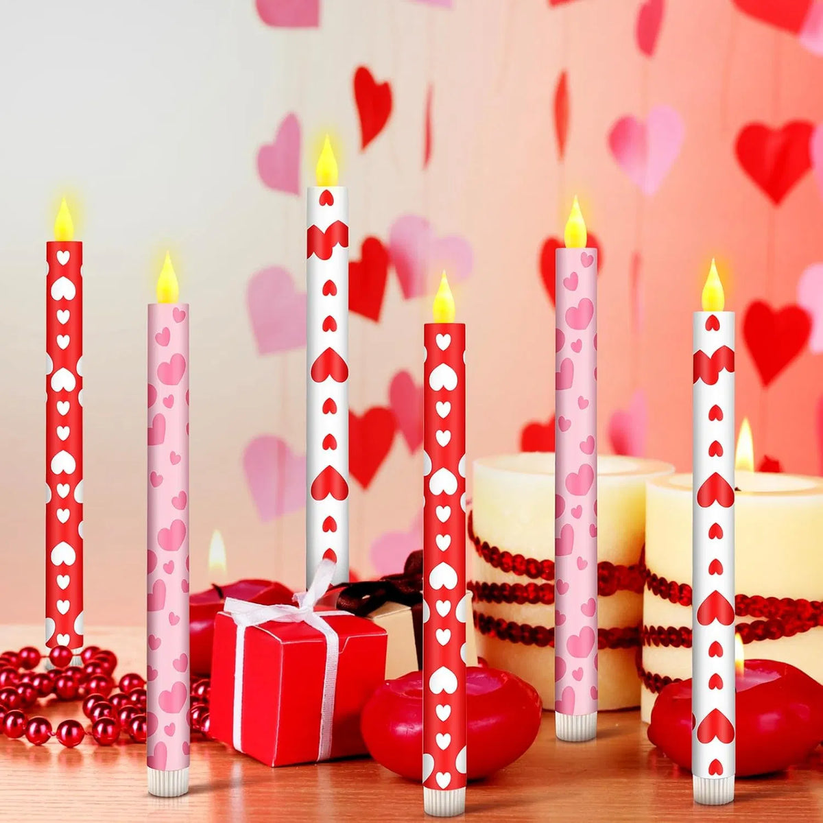 Flameless Taper Candles, Set of 6 Valentine Heart LED Candlesticks in Red, Pink and White, 10.6 Inch Battery Operated Candles