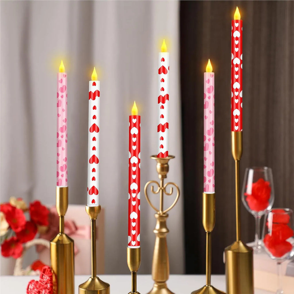 Flameless Taper Candles, Set of 6 Valentine Heart LED Candlesticks in Red, Pink and White, 10.6 Inch Battery Operated Candles