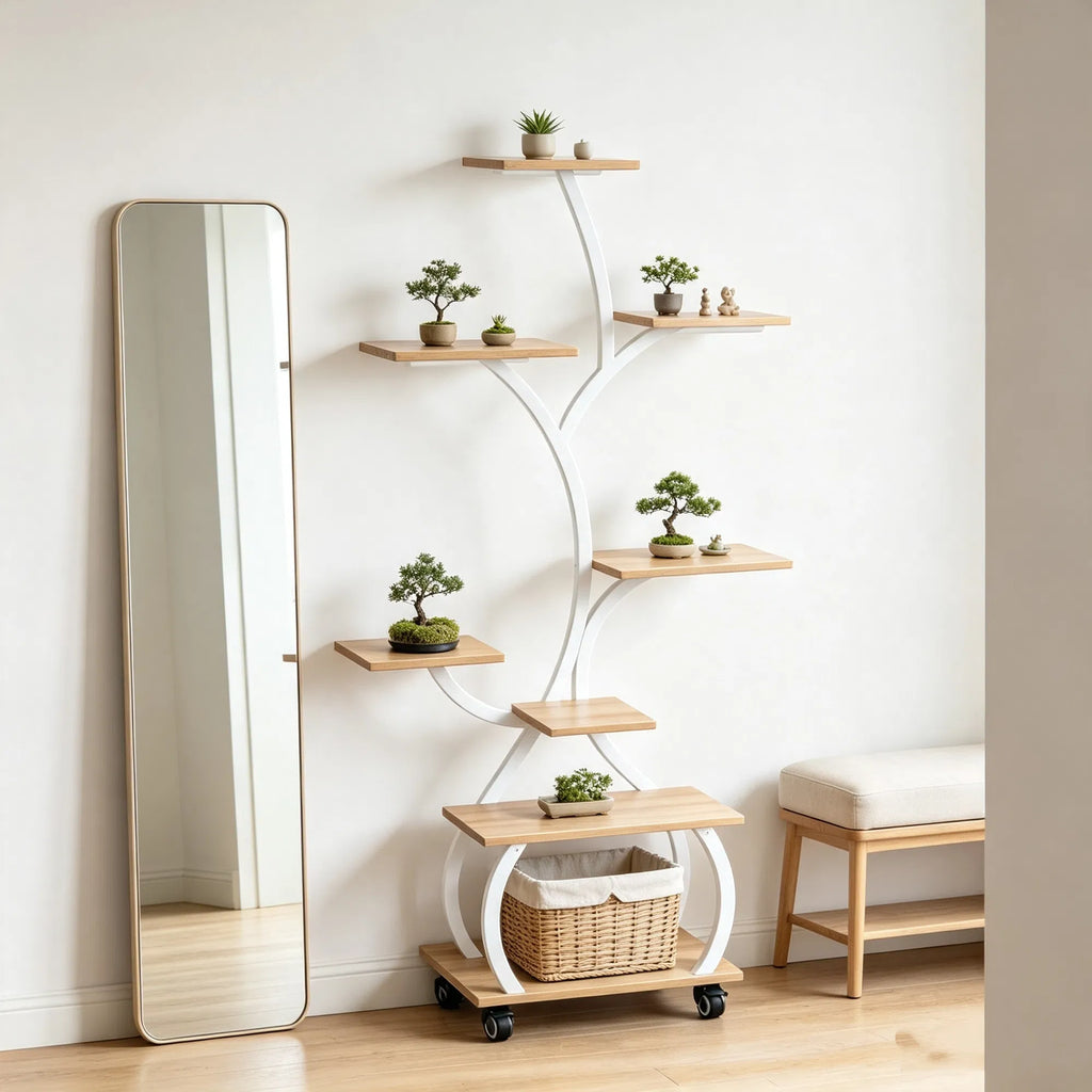 Tree Shaped Plant Stand with Full Spectrum LED Grow Light, White Metal 8-Tier Indoor Plant Shelf with Lockable Wheels, 48 Inches