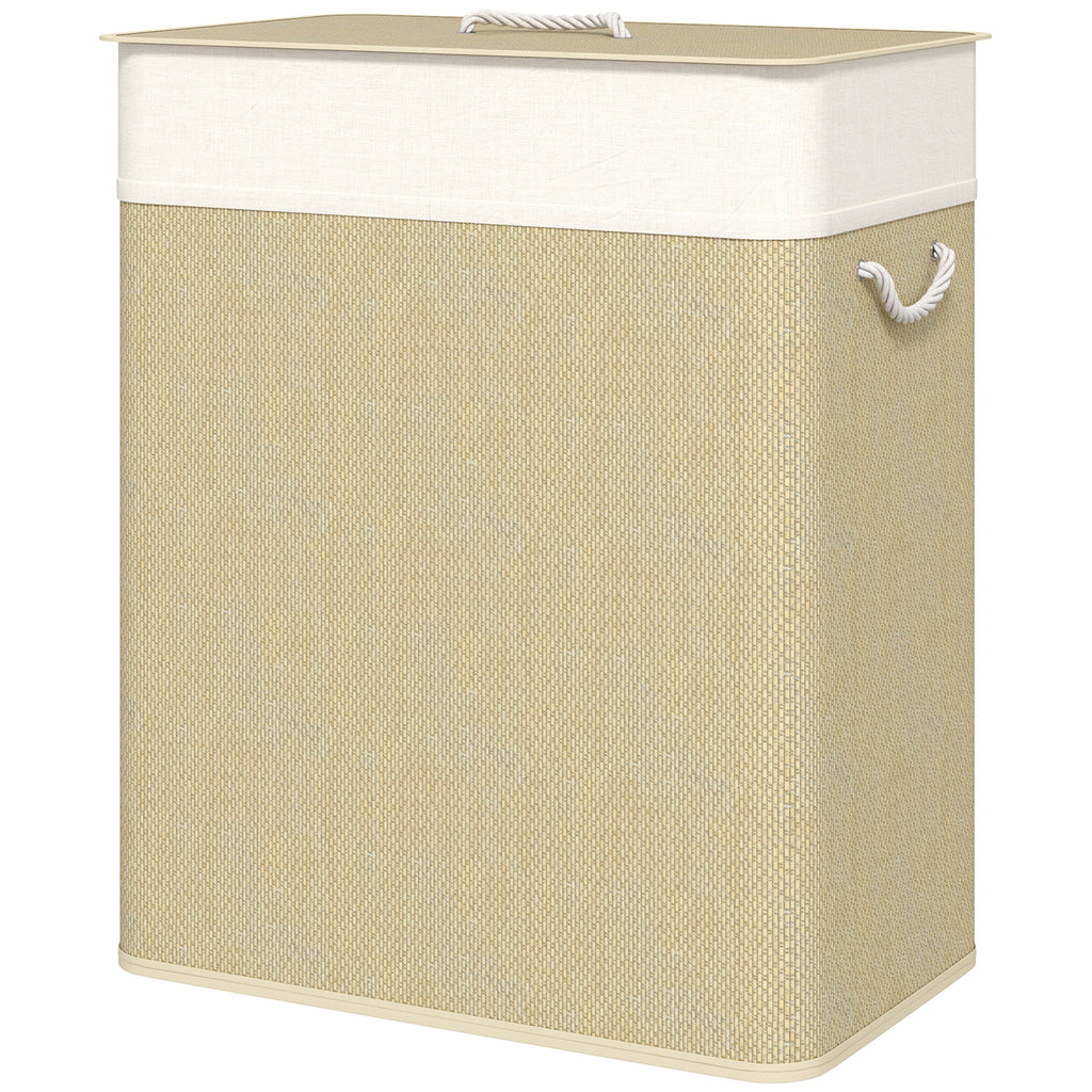 Double Laundry Basket With Lid, 26.4 Gallon Bamboo Laundry Hamper With Rope Handles and Removable Liner, Natural