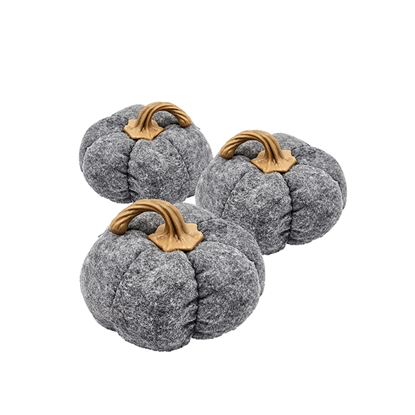 Gray Fabric Pumpkin Decor, Set of 3 Plush Fall Pumpkins With Resin Stems, 8.3 x 8.3 x 5.5 Inches