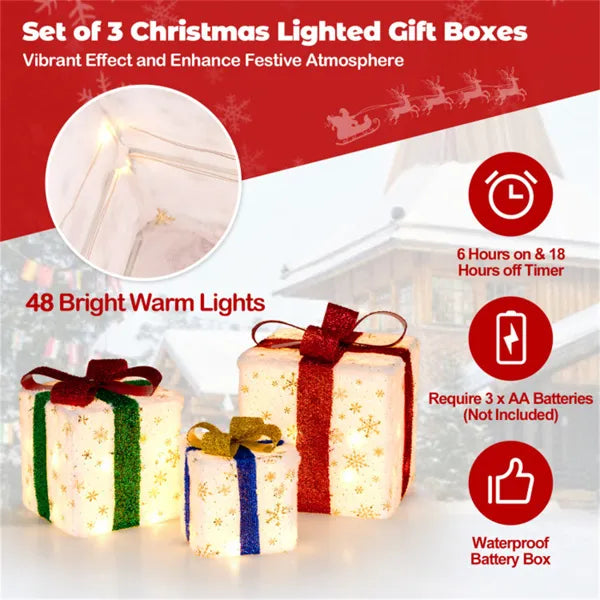 Lighted Christmas Gift Boxes, Set of 3 Battery-Operated Snowflake Present Decorations With 48 Warm White Lights and Glitter Bows