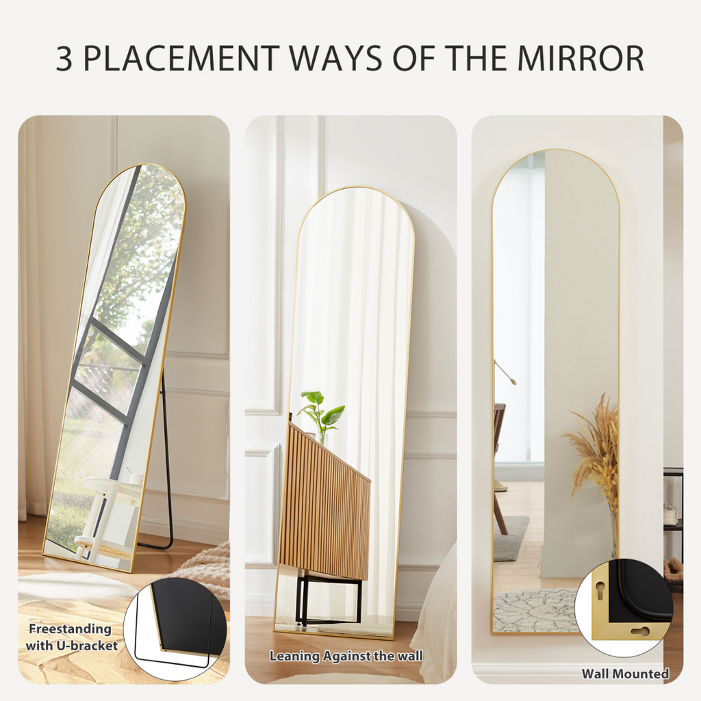 Full Length Arch Mirror, 56 x 15 Inch Gold Aluminum Frame Floor Standing Mirror