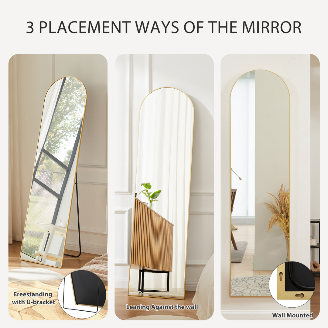 Full Length Arch Mirror, 56 x 15 Inch Gold Aluminum Frame Floor Standing Mirror