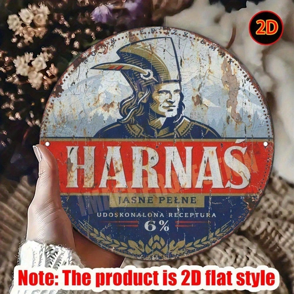 Round Metal Wall Sign, Vintage Distressed Beer Label Art Plaque for Bar, Kitchen, and Man Cave Decor