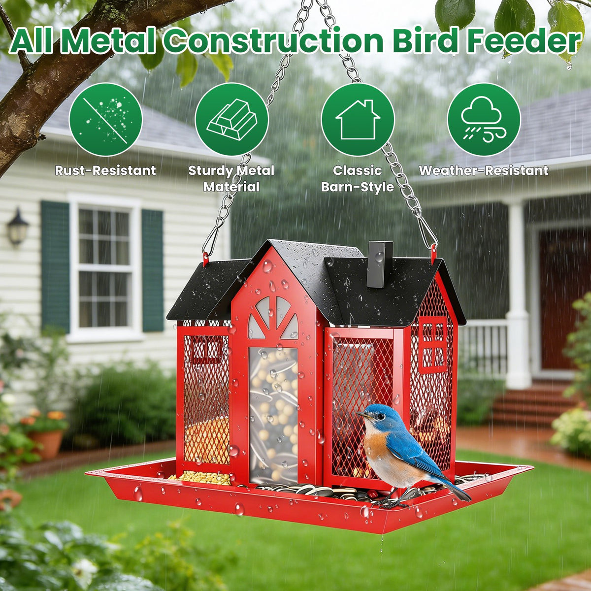 Metal Hanging Bird Feeder House, Barn Style Iron Wild Bird Seed Feeder with Visible Window and Lift-Top Lid, 15.75 in Chain, White or Red